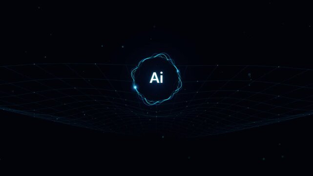 Artificial intelligence digital network cyber data flow background video an animated digital grid featuring a glowing icon with streams and particle effects for technology presentations and corporate
