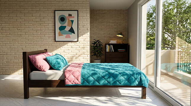 A bright, sunlit modern bedroom featuring a solid wooden bed frame with colorful teal and pink duvet bedding, brick accent wall, side table, and large sliding balcony door.