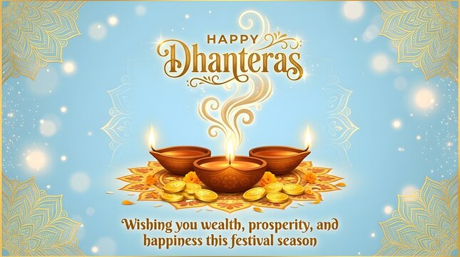 Happy dhanteras greeting card with diya lamps and gold coins
