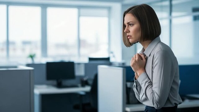 Young Caucasian businesswoman experiencing chest pain and panic attack in a modern office workplace