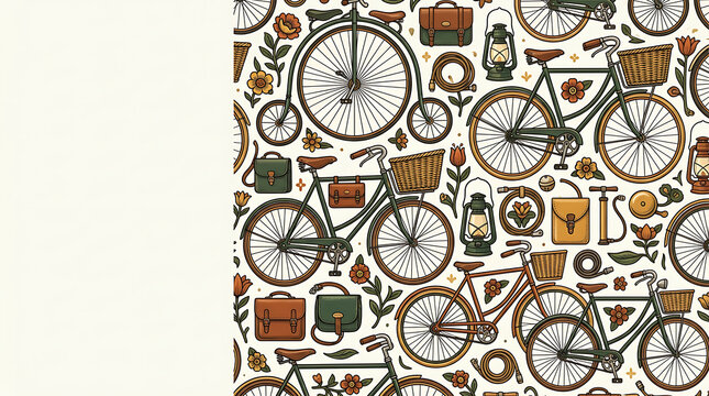 Vintage Bicycle on Rustic Wall with Seamless Retro Pattern and Timeless Nostalgic Charm