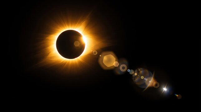 Total eclipse of the sun casts a long diagonal streak of glowing lens flares in dark space.