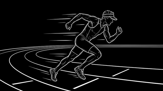 Male runner sprinting on track line art sketch
