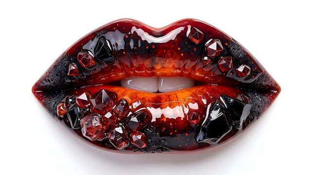 Glossy red black lips with embedded crystals