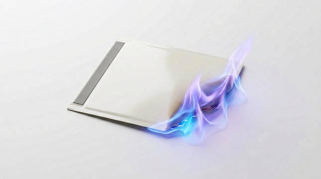 Burning Instant Photograph with Blue and Violet Flames on White Background