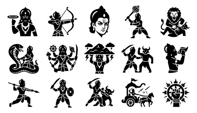 Set of fifteen vector hindu deity icons representing lord vishnu in various avatars and manifestations