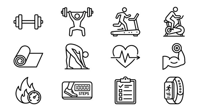 Fitness Icons Set: Dumbbell, Weightlifting, Treadmill, Exercise Bike, Yoga Mat, Stretching, Heart Rate, Bicep