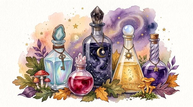 Watercolor magic potions collection with mushrooms and autumn leaves