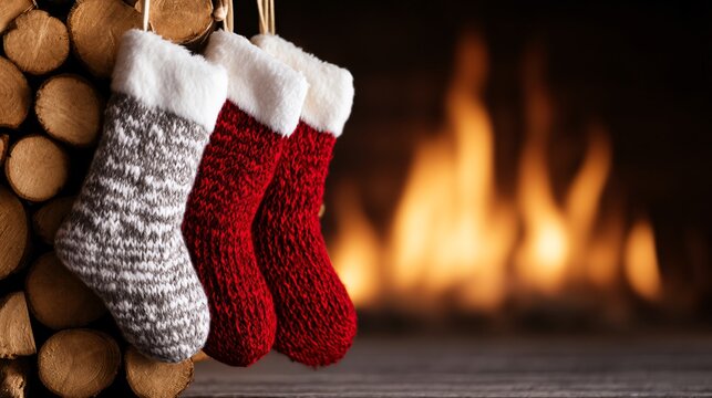 Christmas Day fireplace scene, burning firewood, stockings hanging, cozy hygge concept, warm tones, lifestyle interior photography