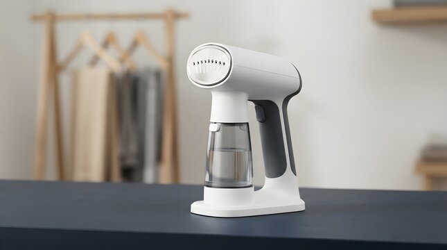 Modern handheld garment steamer on table, white portable clothes steamer for fabric care, minimalist laundry appliance in bright room
