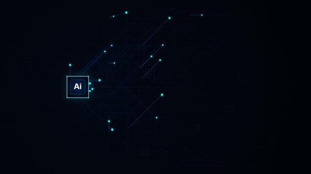 Artificial intelligence network node animation corporate technology background digital presentation animated AI text box connected to a complex digital circuit grid, representing machine learning