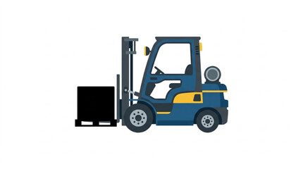 Naklejka premium Blue forklift truck lifting a black pallet with a box.