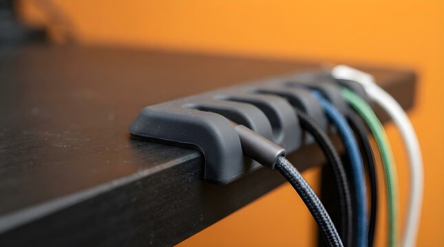 Silicone cable organizer on black desk edge, flexible wire management holder, desktop cord tidy solution for home office