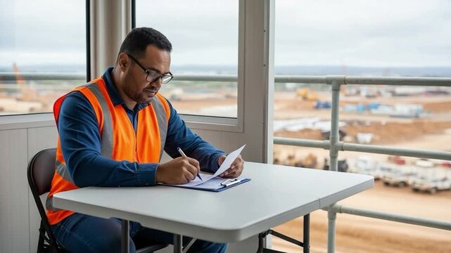 Middle-aged male construction worker writing reports at a site office overlooking a development area