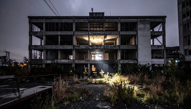 Abandoned building with overgrown vegetation at night.
