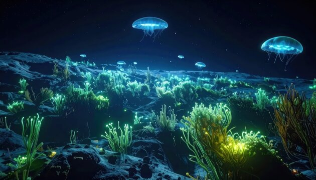 Glowing jellyfish in ocean depths surrounded by seaweed.