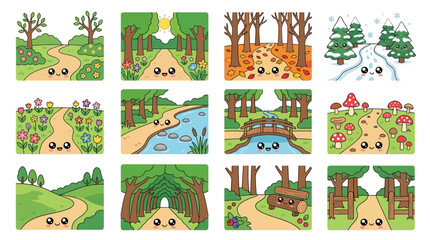 Obraz premium Whimsical Cartoon Forest Scenes with Playful Characters.