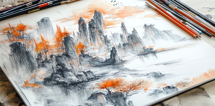 Detailed Landscape Sketch with Orange Accents Showcasing Mountains and Trees in Artistic Style