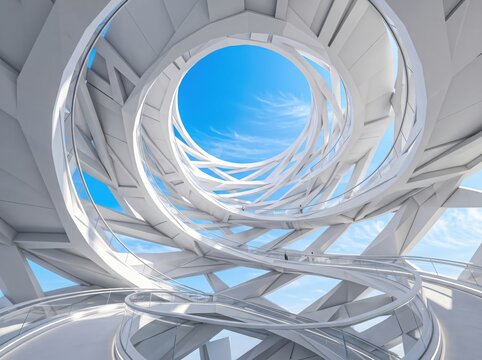 Complex spiral structure features crisscrossing white beams surrounding a central view of the open sky.