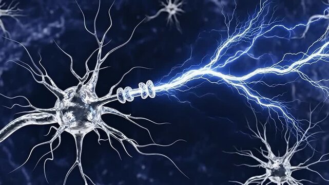 Neuron cell firing electrical impulse representing neural activity and brain function in biology