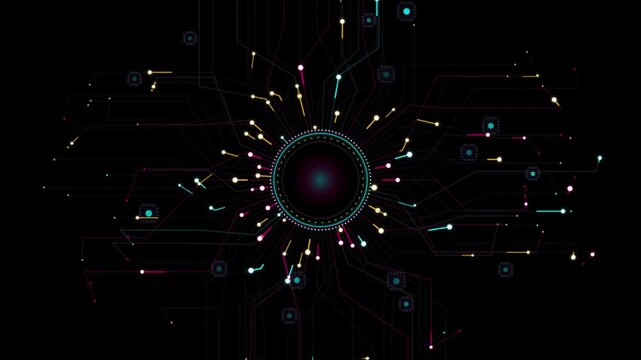 Circuit board technology digital hub network connection background animation a complex of electronic paths and glowing data points radiating from a central hub, ideal for and engineering