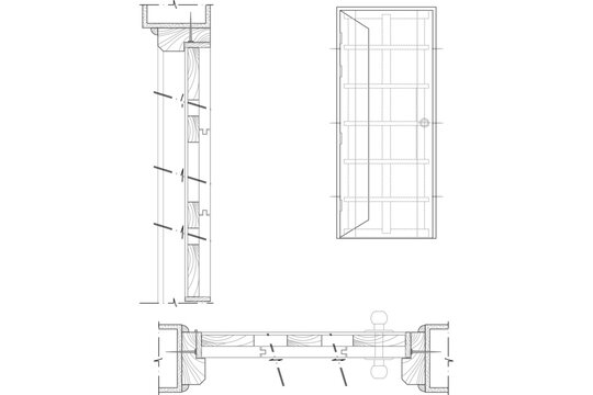 Technical architectural drawing showing multiple views (elevation, cross-section, and plan view) of a custom wooden door assembly, internal framing structure, hinges, and door jamb installation detail