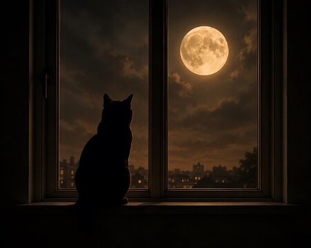 A silhouetted black cat sits on a windowsill, gazing out at a large, luminous full moon hanging in the cloudy night sky over a city skyline.