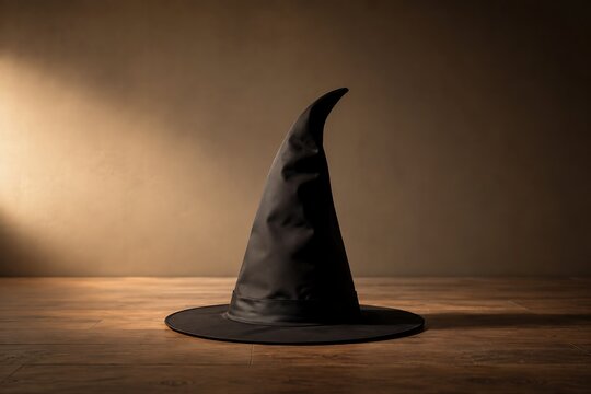A classic black witch's hat sits on a wooden surface, dramatically lit by a single spotlight.