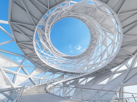 Modern architectural structure forms a circular opening framed against a clear blue sky.