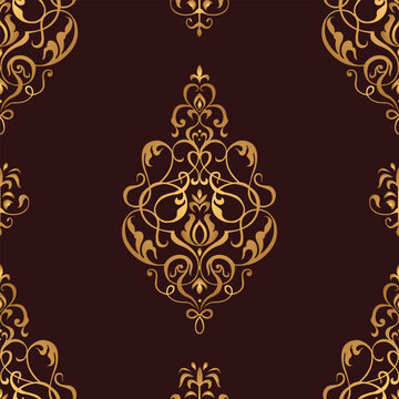 Elegant seamless gold damask pattern on a rich dark red background. Luxurious ornamental floral wallpaper design with vintage baroque style for textiles, wrapping, and decor.