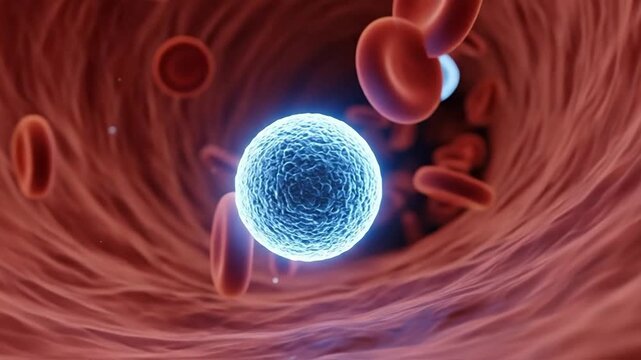 White blood cell fighting infection inside a human blood vessel microscopic 3D render medical illustration