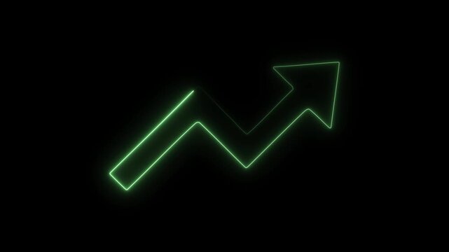 Green neon arrow graph trending upwards on a black background representing growth and success