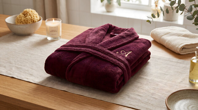 luxury bathrobe spa day self care routine with candle and towel