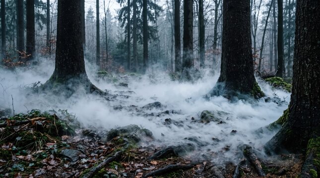 Mist flows between tall pine trunks across the damp forest ground in late autumn.