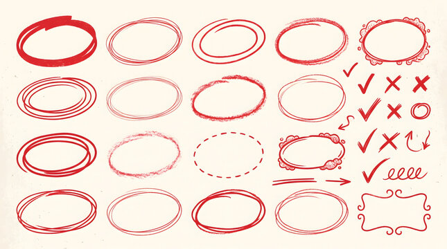 Red hand drawn circles and check marks vector icon set