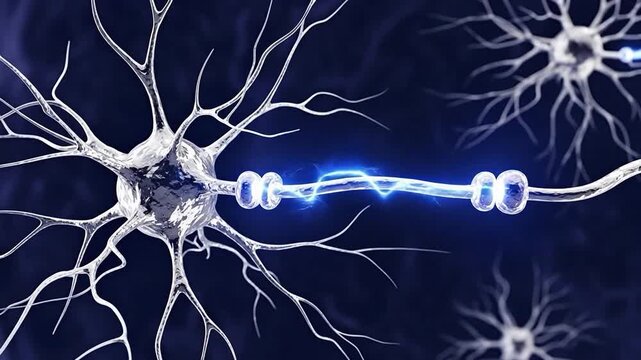 Neuron firing electrical impulse through axon for neuroscience and medical concepts