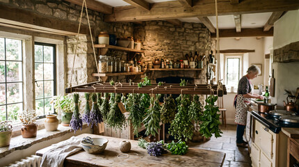 Fototapeta premium Rustic kitchen with hanging herbs drying on rack and senior woman