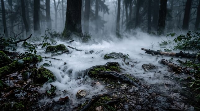 Ground fog covers mossy rocks and tree roots on a dark forest floor.