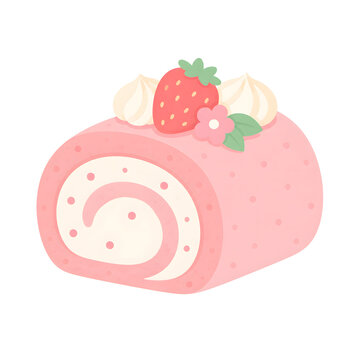 Cute pink strawberry roll cake slice with cream and strawberry vector illustration