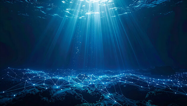 Deep ocean scene. Sunlight pierces the water, illuminating a digital network structure along the seabed