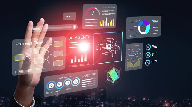 Futuristic Hands Interacting with Virtual Data Displays, AI Technology, Analytics, Business Intelligence, Process Flow, Modern Digital Interface at Night Gluon.