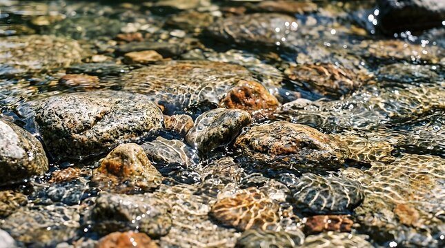 Clear water ripples over smooth river stones and pebbles