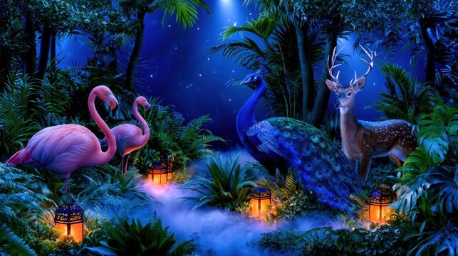 A mystical jungle scene featuring flamingos, a peacock, and a deer surrounded by lanterns