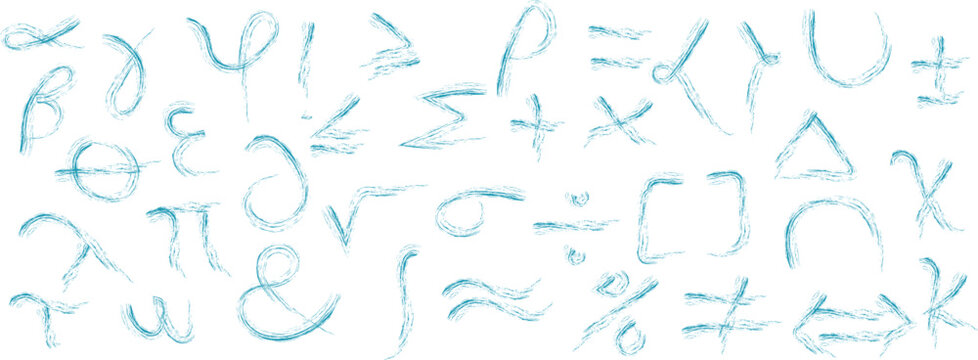 Collection of hand drawn mathematical symbols in sketch style isolated on a white background. Features common math operators, Greek letters, arithmetic signs, algebra symbols, and geometry icons. Idea