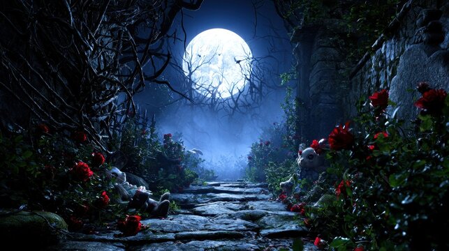 A moonlit path entwined with dark foliage and vibrant roses leads into a mystical night