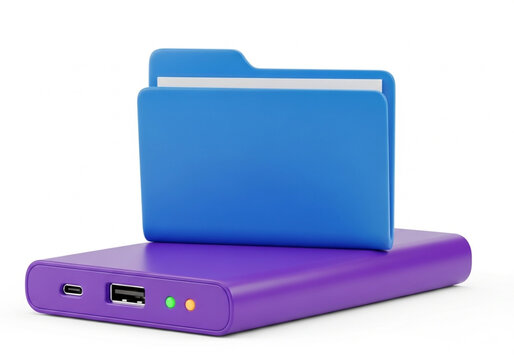 Blue digital folder icon on a purple external hard drive
