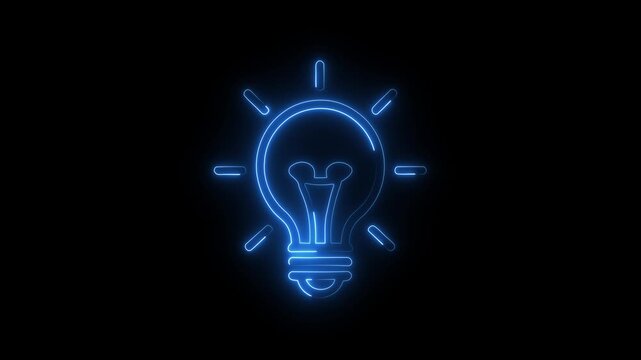 Bright blue neon light bulb outline on a black background symbolizing innovation and bright ideas