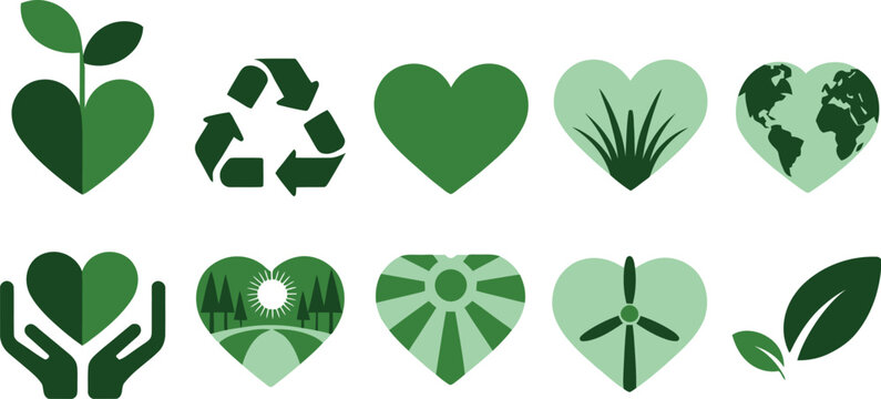 Here are some eco-themed icons and green heart symbols you can use for sustainability, nature, environmental awareness, or eco-friendly branding: