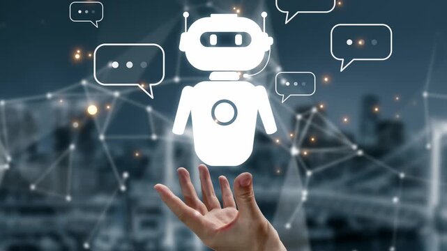 AI chatbot virtual assistant interacting with users through AI conversation bubbles, symbolizing AI automation, smart communication, and AI digital artificial intelligence help support Marrow