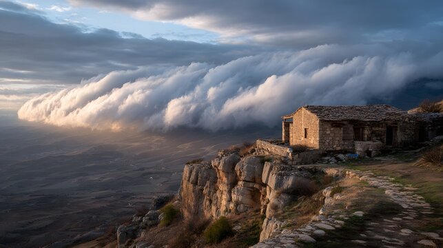 Ancient stone house on a cliff edge overlooking a vast valley with dramatic rolling clouds at sunset